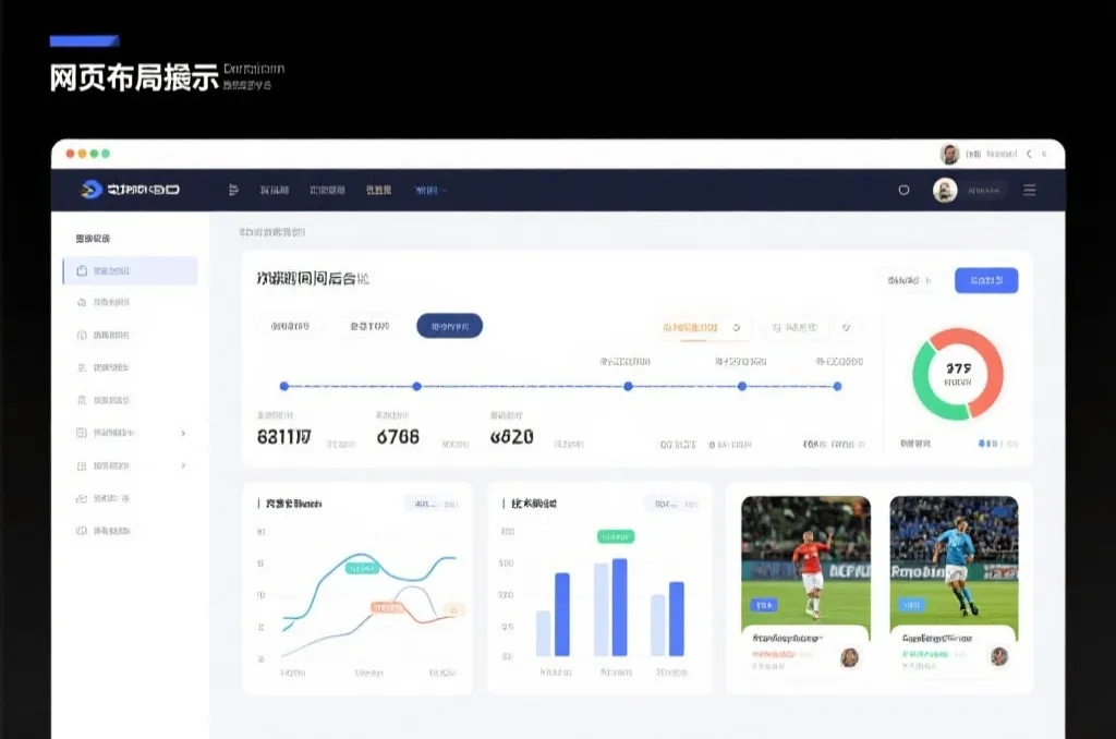 比分卡片、事件时间轴和赛事统计模块的网页布局示意